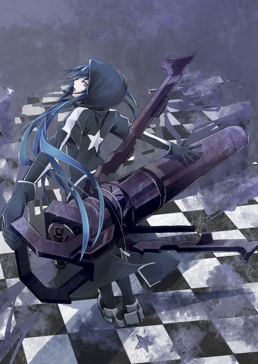 fu-ta, black rock shooter (character), black rock shooter, 1girl, black coat, black gloves, blue eyes, blue hair, checkered floor, coat, gloves, hood, hooded coat, long hair, pale skin, rock cannon, star (symbol)