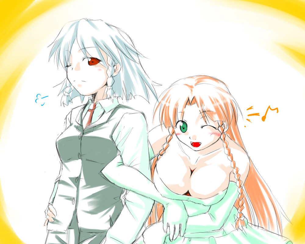 tenkasu (murazaki), tenkasu (pixiv), hong meiling, izayoi sakuya, touhou, 2girls, arm hug, blush, braid, breasts, bride, cleavage, dress, elbow gloves, female focus, gloves, gradient background, green eyes, huge breasts, multiple girls, necktie, one eye closed, red eyes, red hair, smile, twin braids, wedding, wedding dress, white background, white hair, wink