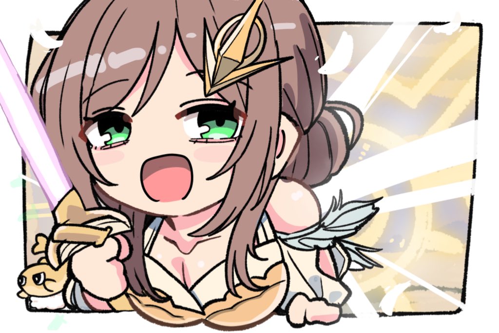 kawamochi (kawauti919), tatsugiri, nintendo, pokemon, commentary request, copyright request, 1girl, :d, bare shoulders, bikini, breasts, brown bikini, brown hair, chibi, cleavage, collarbone, energy sword, green eyes, hair bun, hair ornament, holding, holding sword, holding weapon, looking at viewer, medium breasts, open mouth, pokemon (creature), puffy short sleeves, puffy sleeves, short sleeves, smile, swimsuit, sword, upper body, weapon