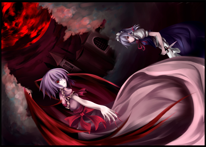 seiha (artist), seiha (tinnke), izayoi sakuya, remilia scarlet, touhou, bad id, bad pixiv id, 2girls, bat wings, black border, blue hair, border, braid, claws, cloud, female focus, knife, maid, moon, multiple girls, night, outdoors, purple hair, red eyes, ribbon, sky, throwing knife, weapon, wings