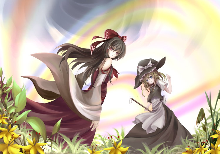 seiha (artist), seiha (tinnke), hakurei reimu, kirisame marisa, touhou, bad id, bad pixiv id, 2girls, black hair, blonde hair, blue eyes, bow, detached sleeves, female focus, flower, hair bow, hat, japanese clothes, long hair, miko, multiple girls, nature, outdoors, plant, red eyes, skirt, sky, witch, witch hat