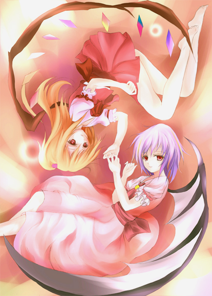 seiha (artist), seiha (tinnke), flandre scarlet, remilia scarlet, touhou, bad id, bad pixiv id, 2girls, barefoot, bat wings, blonde hair, feet, female focus, multiple girls, purple hair, red eyes, siblings, side ponytail, sisters, toes, wings