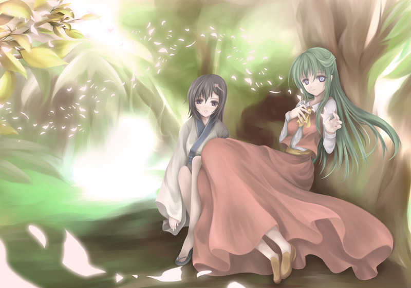 seiha (artist), seiha (tinnke), kazami yuuka, kazami yuuka (pc-98), touhou, touhou (pc-98), bad id, bad pixiv id, 2girls, against tree, ascot, blue eyes, female focus, forest, green hair, japanese clothes, kimono, light smile, long hair, multiple girls, nature, parted lips, petals, sandals, sitting, skirt, skirt set, toes, tree, vest