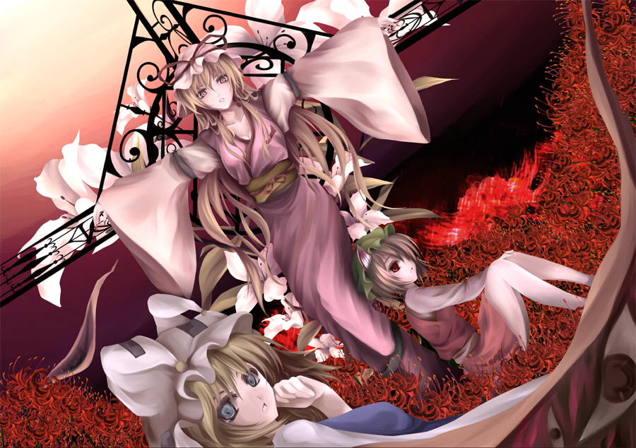 seiha (artist), seiha (tinnke), chen, yakumo ran, yakumo yukari, touhou, bad id, bad pixiv id, 3girls, animal ears, animal hat, blonde hair, blue eyes, cat ears, cat girl, crucifixion, dutch angle, family, female focus, flower, hat, long sleeves, mob cap, multiple girls, purple eyes, red eyes, ribbon, short hair, wide sleeves