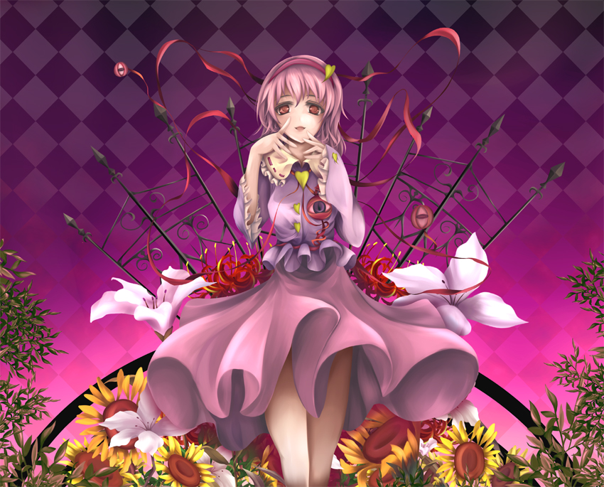 seiha (artist), seiha (tinnke), komeiji satori, touhou, bad id, bad pixiv id, 1girl, checkered background, female focus, flower, gradient background, hairband, heart, nature, pink hair, plant, red eyes, short hair, skirt, solo, sunflower