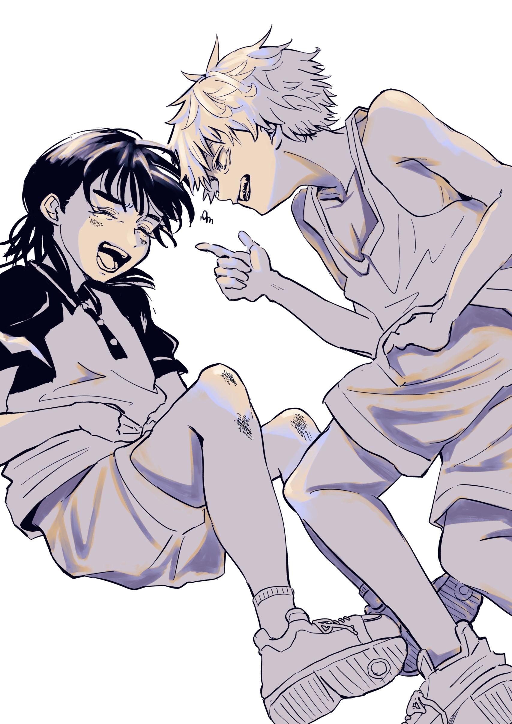 crck, denji (chainsaw man), mitaka asa, chainsaw man, absurdres, highres, 1boy, 1girl, aged down, closed eyes, greyscale, index finger raised, laughing, monochrome, open mouth, polo shirt, shoes, shorts, socks, tank top
