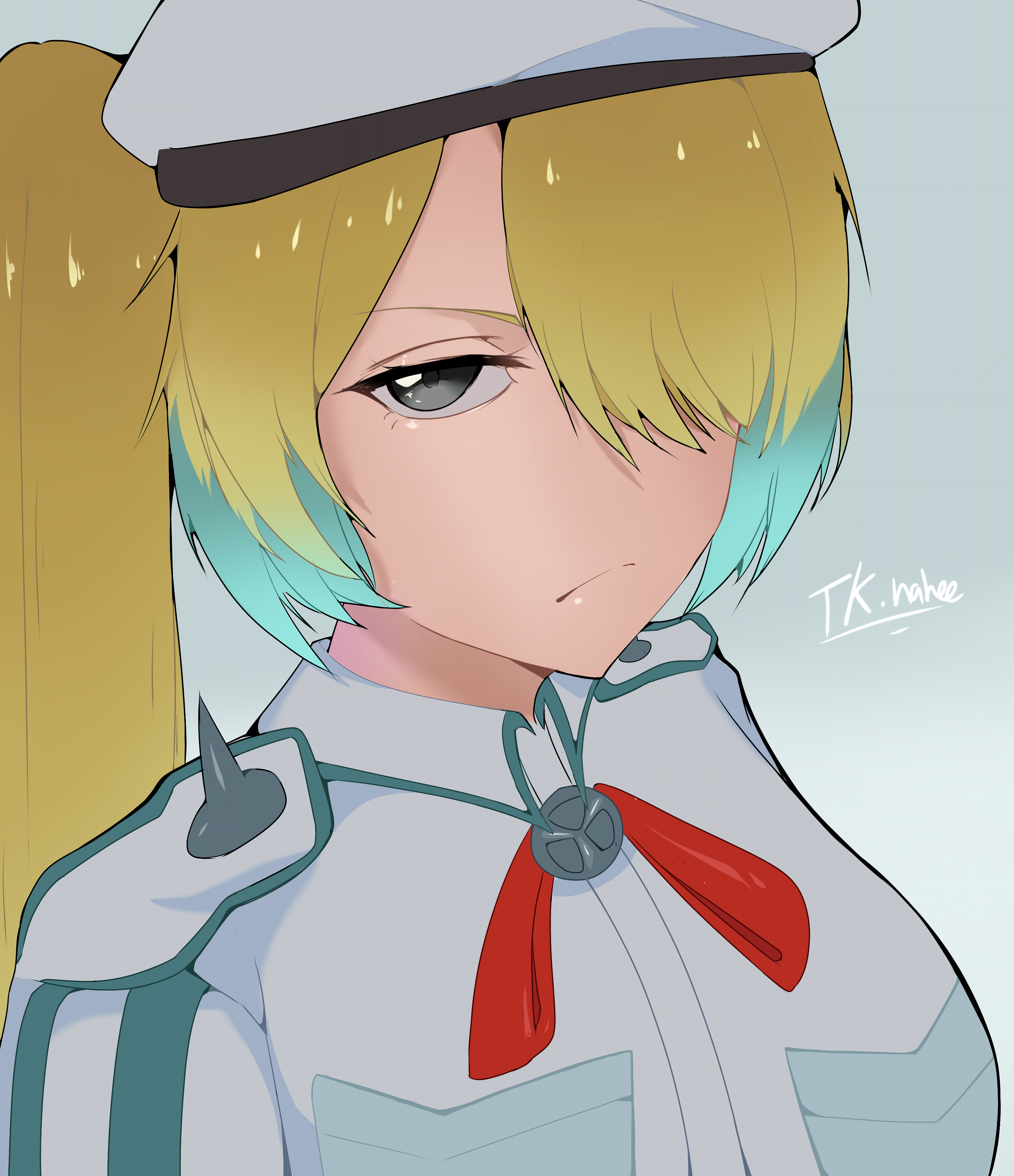 tk.nahee, nikita deathlock, bleach, bleach: sennen kessen-hen, absurdres, highres, 1girl, artist name, blonde hair, breasts, closed mouth, female focus, grey eyes, hair over one eye, hat, looking at viewer, military hat, ponytail, quincy (bleach), red ribbon, ribbon, simple background, sternritter, upper body