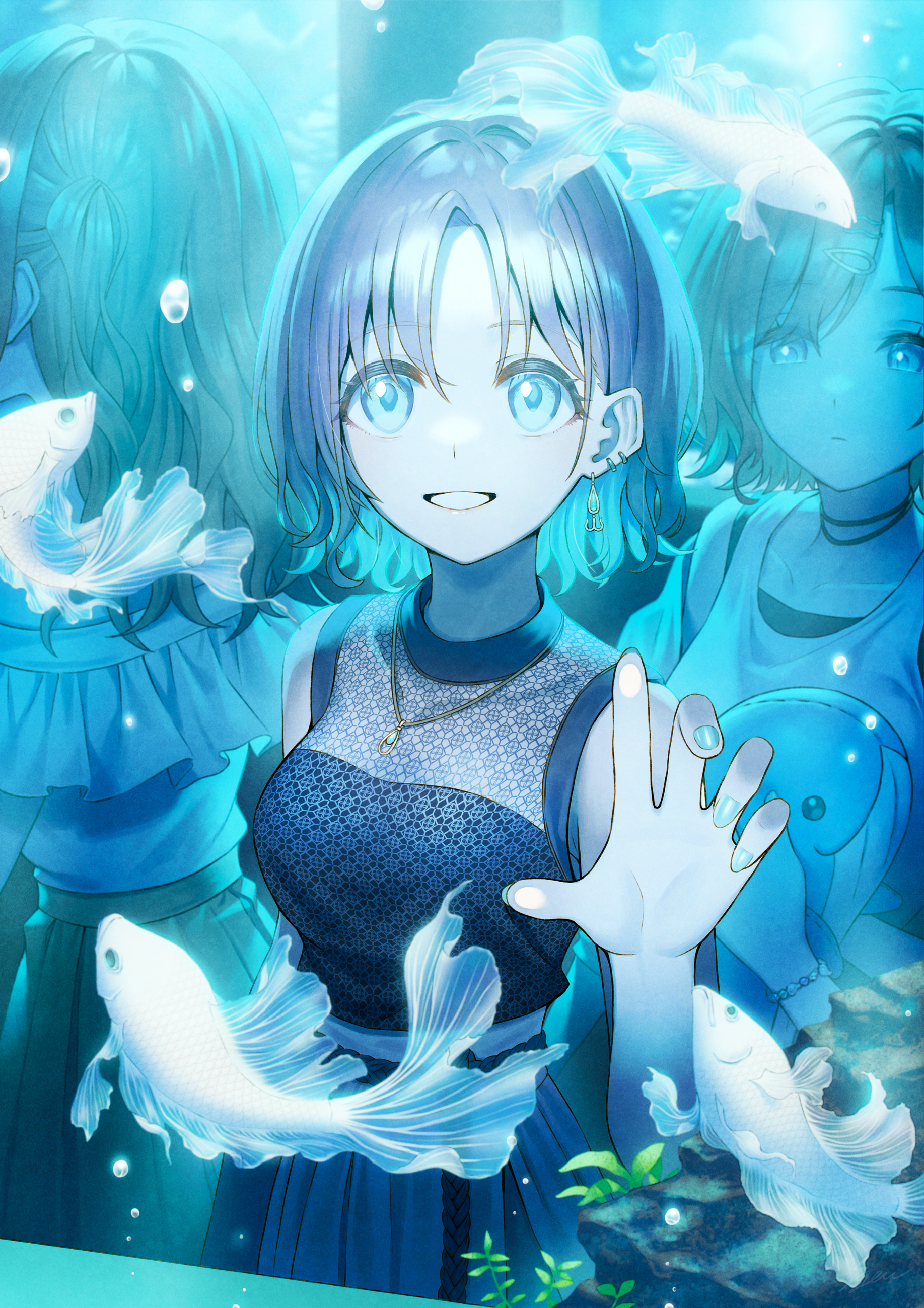 sho (sumika), asakura toru, idolmaster, idolmaster shiny colors, absurdres, character request, highres, 3girls, aquarium, black choker, black dress, black skirt, blue eyes, blue nails, choker, colored inner hair, dress, earrings, fish, hair ornament, hairclip, hand up, jewelry, medium hair, multicolored hair, multiple girls, necklace, parted bangs, skirt, stuffed whale