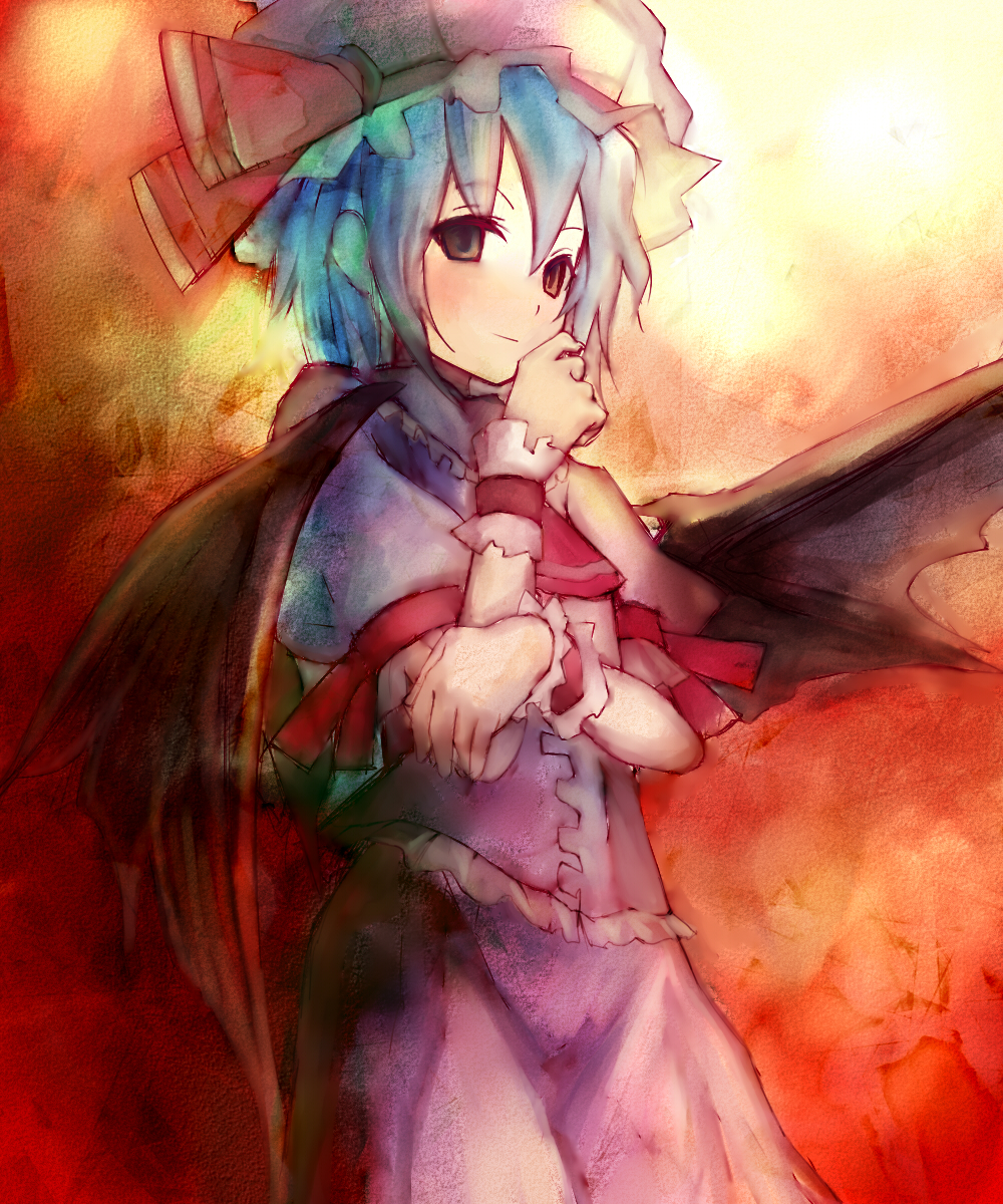 eho (icbm), kaiho, remilia scarlet, touhou, bad id, bad pixiv id, highres, 1girl, bat wings, blue hair, brown eyes, female focus, hat, light smile, looking at viewer, ribbon, smirk, solo, wings