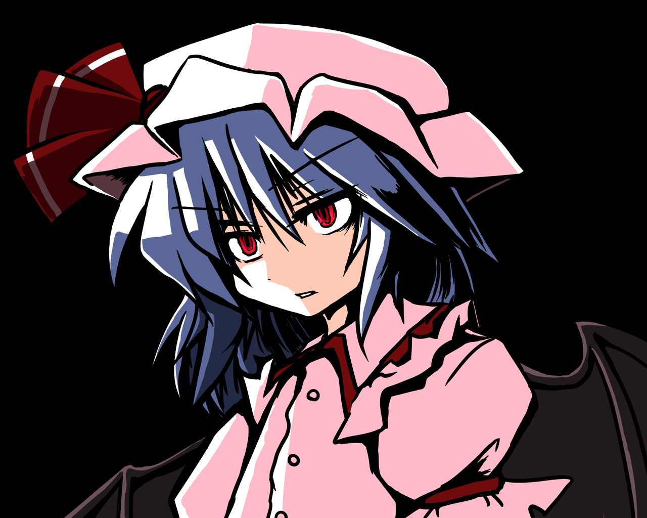 216, remilia scarlet, touhou, bad id, bad pixiv id, 1girl, bat wings, blue hair, female focus, hat, red eyes, ribbon, simple background, solo, upper body, wings