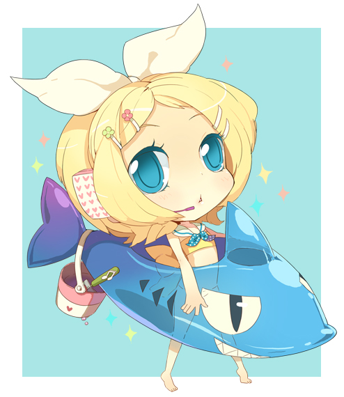 taruk, kagamine rin, vocaloid, barefoot, bikini, blonde hair, blue eyes, chibi, hair ornament, hairclip, ribbon, short hair, solo, swimsuit