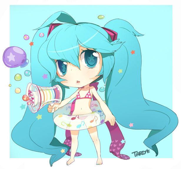 taruk, hatsune miku, vocaloid, + +, ahoge, aqua eyes, aqua hair, barefoot, bikini, bubble, chibi, feet, innertube, long hair, nail polish, pink bikini, solo, swim ring, swimsuit, twintails, very long hair