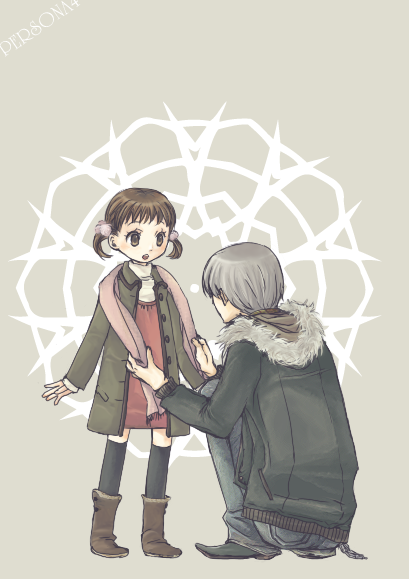 armor87, doujima nanako, narukami yu, atlus, persona, persona 4, bad id, bad pixiv id, 1boy, 1girl, brown hair, casual, grey hair, scarf, thighhighs, twintails