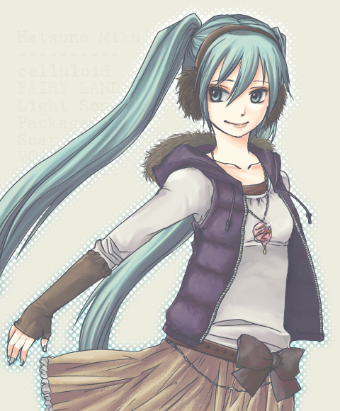 armor87, hatsune miku, vocaloid, bad id, bad pixiv id, casual, earmuffs, green eyes, green hair, long hair, skirt, solo, twintails, very long hair