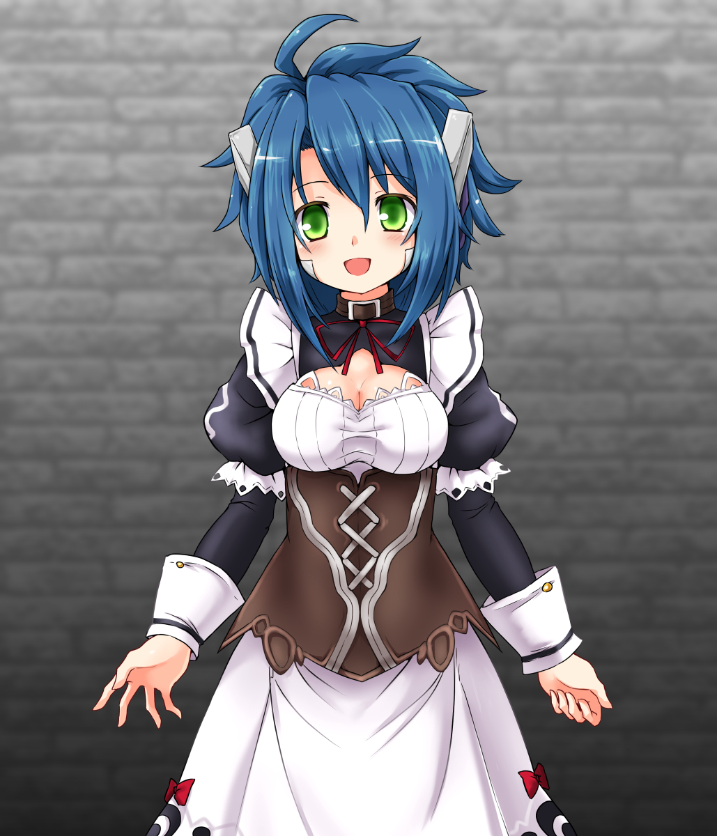 huyusilver, mitama kyrie, emil chronicle online, highres, ahoge, android, apron, belt collar, black dress, blue hair, breasts, brown corset, cleavage, cleavage cutout, clothing cutout, collar, corset, cosplay, dress, green eyes, lili (eco), looking at viewer, maid, medium breasts, mitama kyrie (cosplay), neck ribbon, open mouth, red ribbon, ribbon, robot ears, spiked hair, white apron