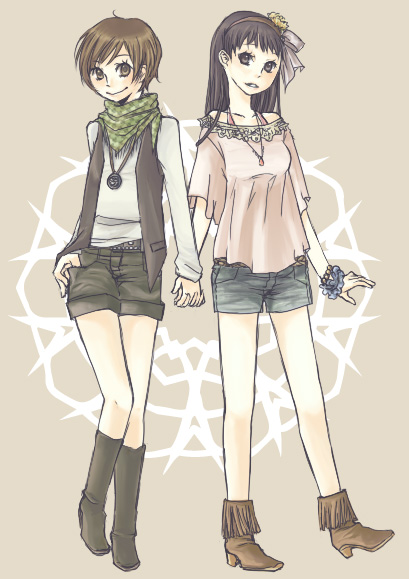 armor87, amagi yukiko, satonaka chie, atlus, persona, persona 4, bad id, bad pixiv id, black hair, brown eyes, brown hair, casual