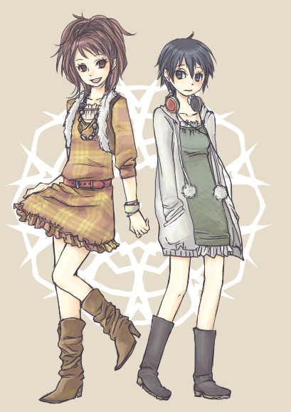 armor87, kujikawa rise, shirogane naoto, atlus, persona, persona 4, bad id, bad pixiv id, 2girls, black hair, blue eyes, brown eyes, brown hair, casual, headphones, multiple girls