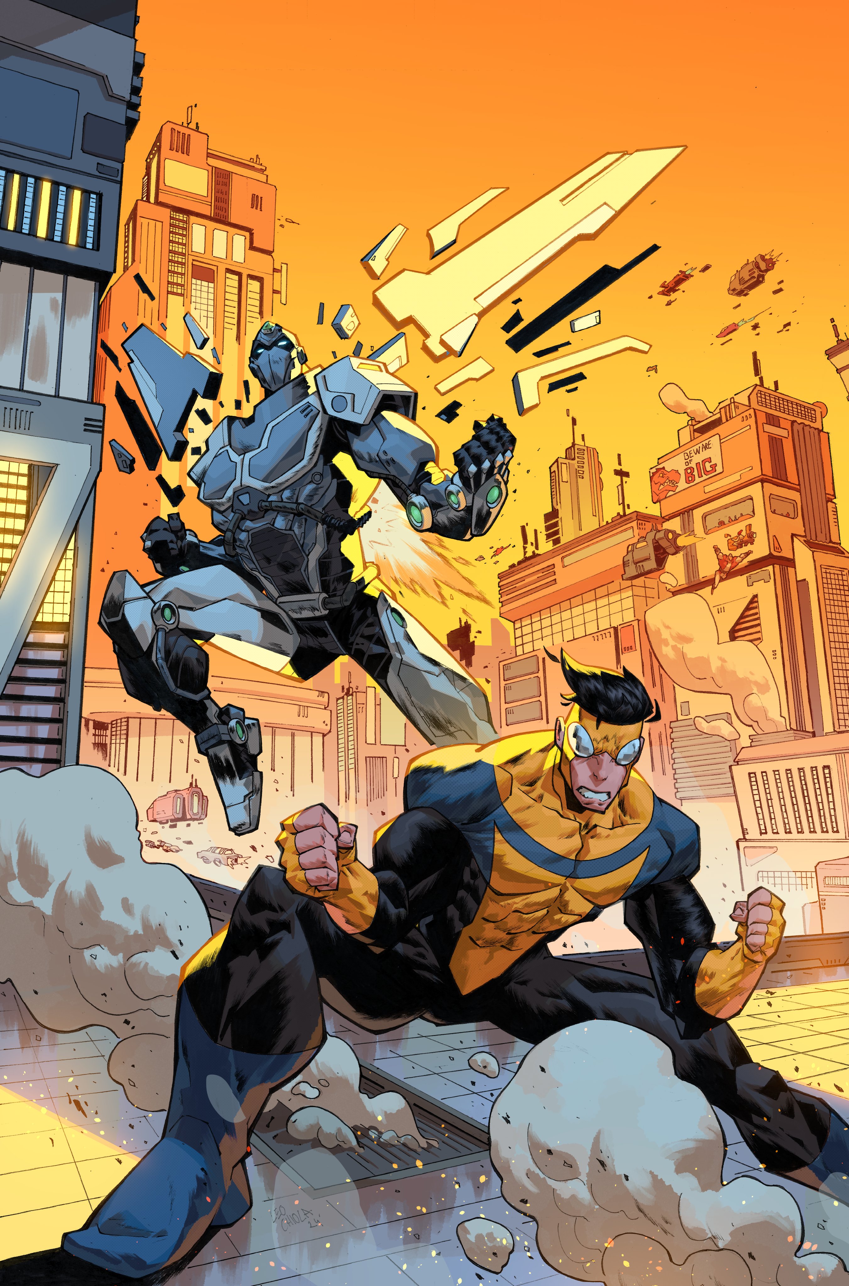 invincible (character), mark grayson, image comics, invincible (series), absurdres, commentary, english commentary, highres, 2boys, armor, black hair, blue bodysuit, bodysuit, bridge, building, city, city lights, cityscape, covered abs, debris, dust, dust cloud, dynamic pose, gloves, leo chiola, male focus, multicolored bodysuit, multiple boys, muscular, muscular male, outdoors, power armor, science fiction, short hair, sky, skyscraper, spandex, superhero costume, tech jacket, tower, two-tone bodysuit, western comics (style), yellow bodysuit