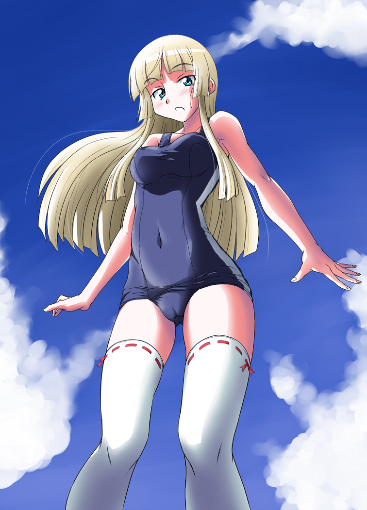 masamurai, emilie de rochefort, tekken, 1girl, blonde hair, blue eyes, cameltoe, female focus, legs, long hair, one-piece swimsuit, ribbon-trimmed thighhighs, ribbon trim, school swimsuit, solo, swimsuit, thighhighs, white thighhighs