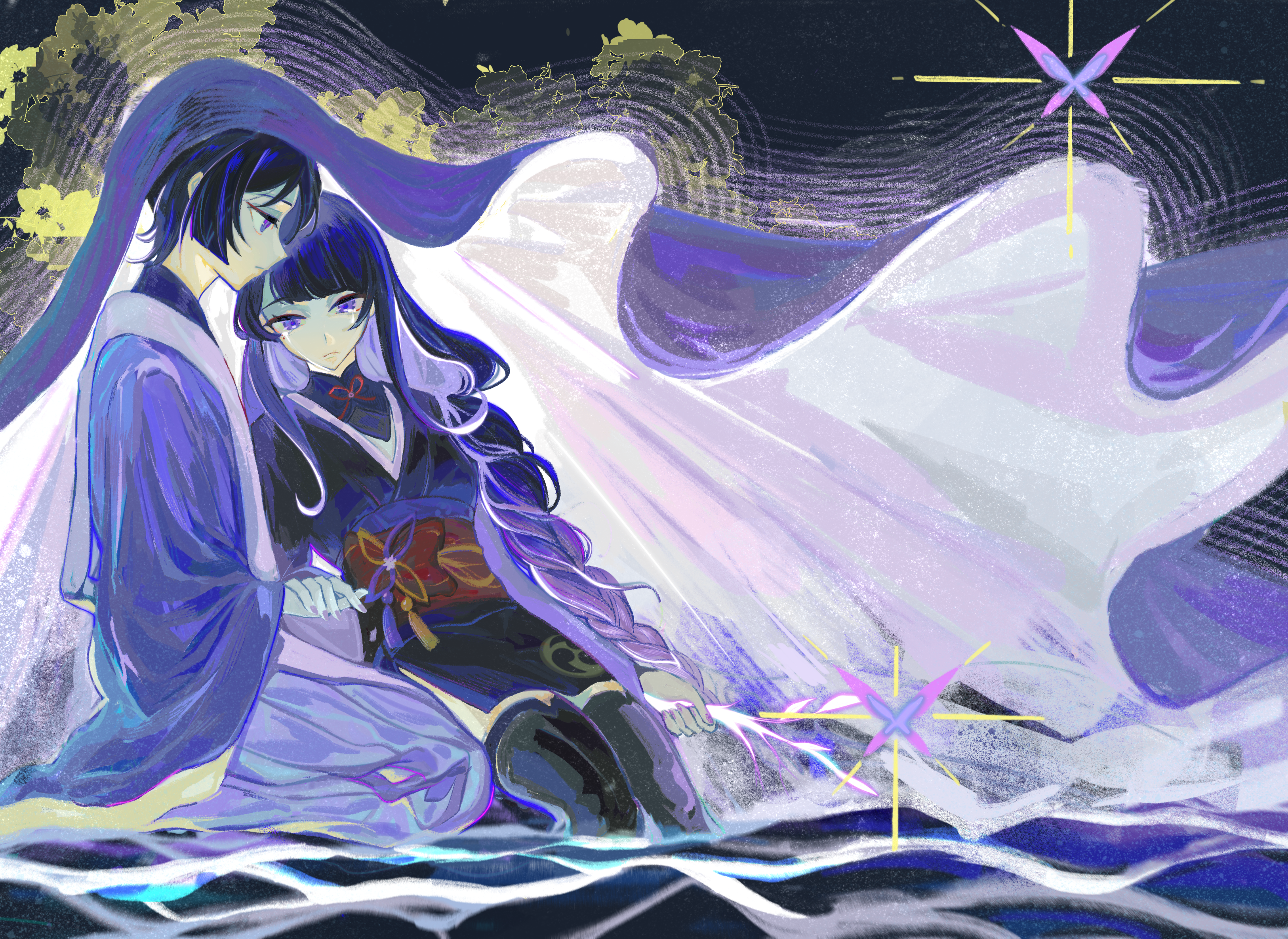 nihaowojiaoshanghetu, raiden shogun, scaramouche (genshin impact), scaramouche (kabukimono) (genshin impact), genshin impact, absurdres, chinese commentary, duplicate, highres, 1boy, 1girl, abstract background, blunt bangs, braid, closed mouth, crying, holding hands, japanese clothes, leaning on person, lightning, long hair, looking down, mole, mole under eye, mother and son, official alternate costume, pout, purple eyes, purple hair, purple nails, seiza, single braid, sitting, tears, veil