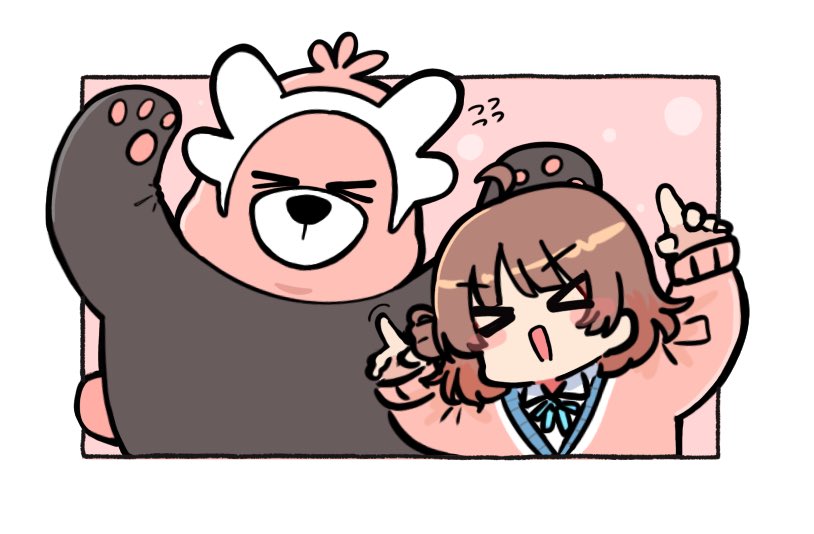 kawamochi (kawauti919), bewear, hanami ume, gakuen idolmaster, idolmaster, nintendo, pokemon, commentary request, > <, 1girl, :d, ahoge, arms up, blue ribbon, blush stickers, border, brown hair, cardigan, chibi, closed eyes, collared shirt, crossover, flying sweatdrops, gen 7 pokemon, hair bun, long sleeves, neck ribbon, open mouth, pink background, pink cardigan, pokemon (creature), puffy long sleeves, puffy sleeves, ribbon, shirt, single side bun, sleeves past wrists, smile, upper body, white border, white shirt, xd