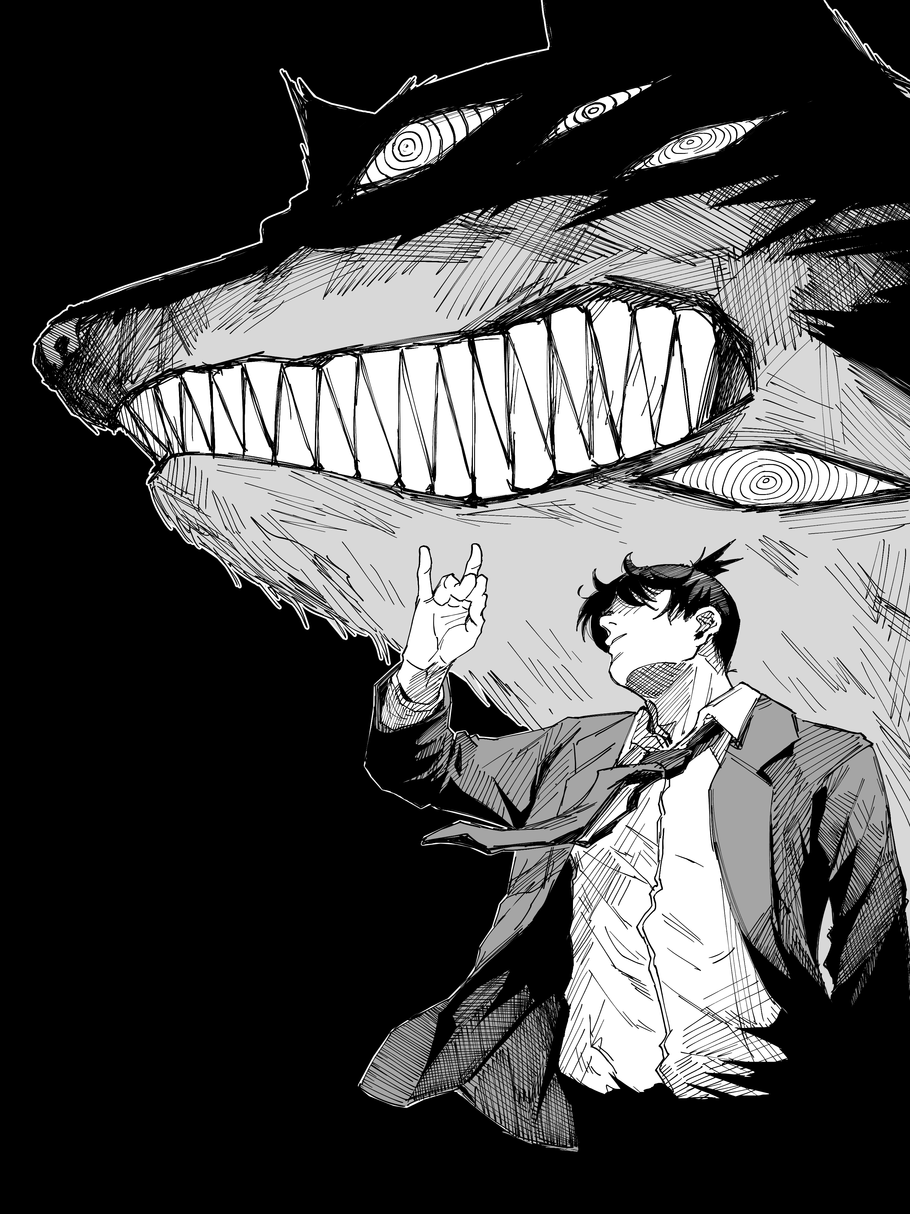 hirotoart, fox devil (chainsaw man), hayakawa aki, chainsaw man, absurdres, highres, 1boy, black background, black hair, black jacket, black necktie, black pants, black suit, collared shirt, cowboy shot, extra eyes, formal clothes, fox shadow puppet, hair over eyes, jacket, male focus, necktie, pants, ponytail, ringed eyes, sharp teeth, shirt, short hair, short ponytail, suit, suit jacket, teeth, upper body, white shirt