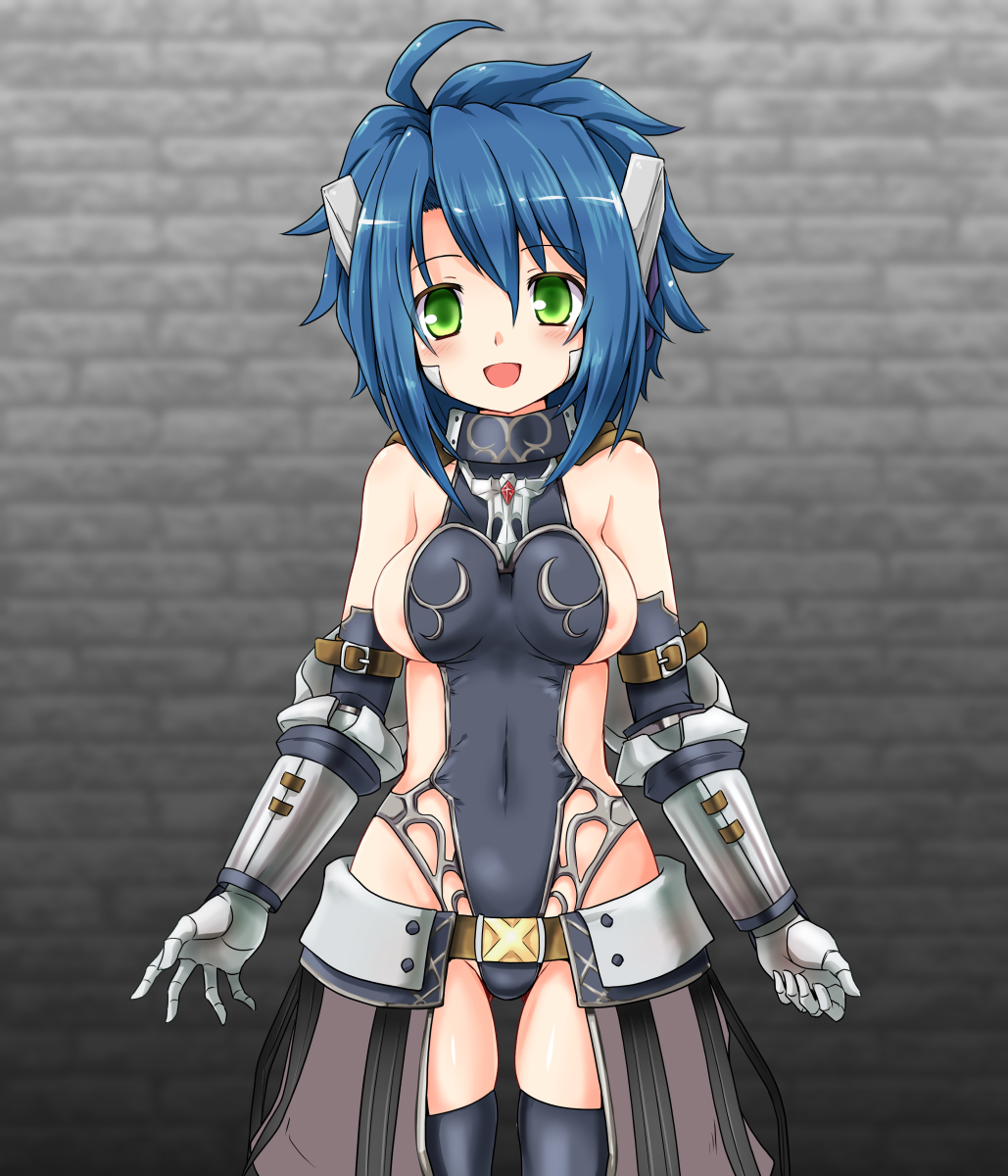 huyusilver, emil chronicle online, highres, ahoge, android, areola slip, armored gloves, bare shoulders, black collar, black leotard, black thighhighs, blue hair, breasts, brown shorts, clothing cutout, collar, covered navel, green eyes, leotard, lili (eco), looking at viewer, medium breasts, open mouth, robot ears, shorts, spiked hair, thigh cutout, thighhighs