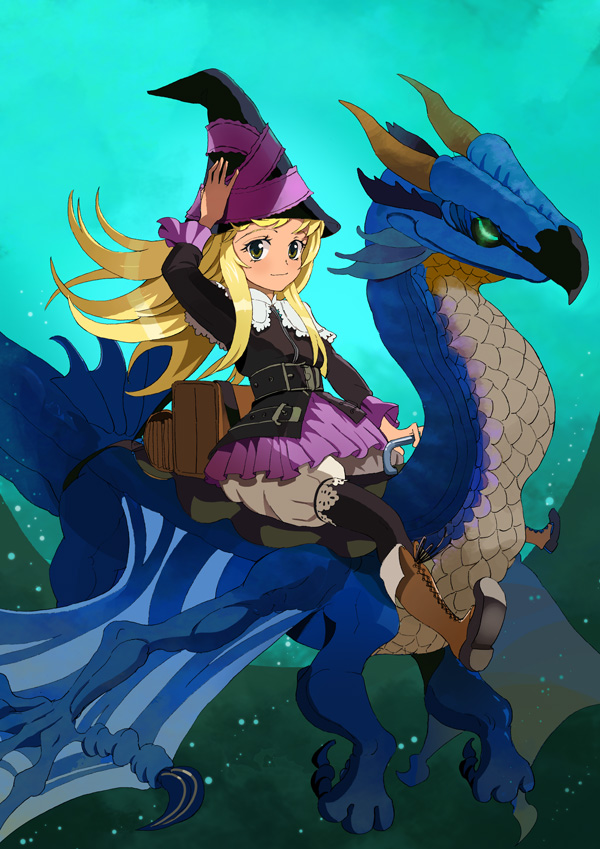 akazuki, lillet blan, grimgrimoire, nippon ichi, bad id, bad pixiv id, 1girl, black eyes, blonde hair, bloomers, boots, dragon, dress, female focus, hand on headwear, hat, horns, long hair, pantyhose, riding, skirt, solo, underwear, wind, witch, witch hat, wizard hat