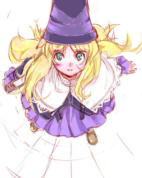 lillet blan, grimgrimoire, nippon ichi, 1girl, blonde hair, blue eyes, blush, book, dress, female focus, hat, long hair, looking up, poncho, sketch, skirt, solo, witch, witch hat, wizard hat