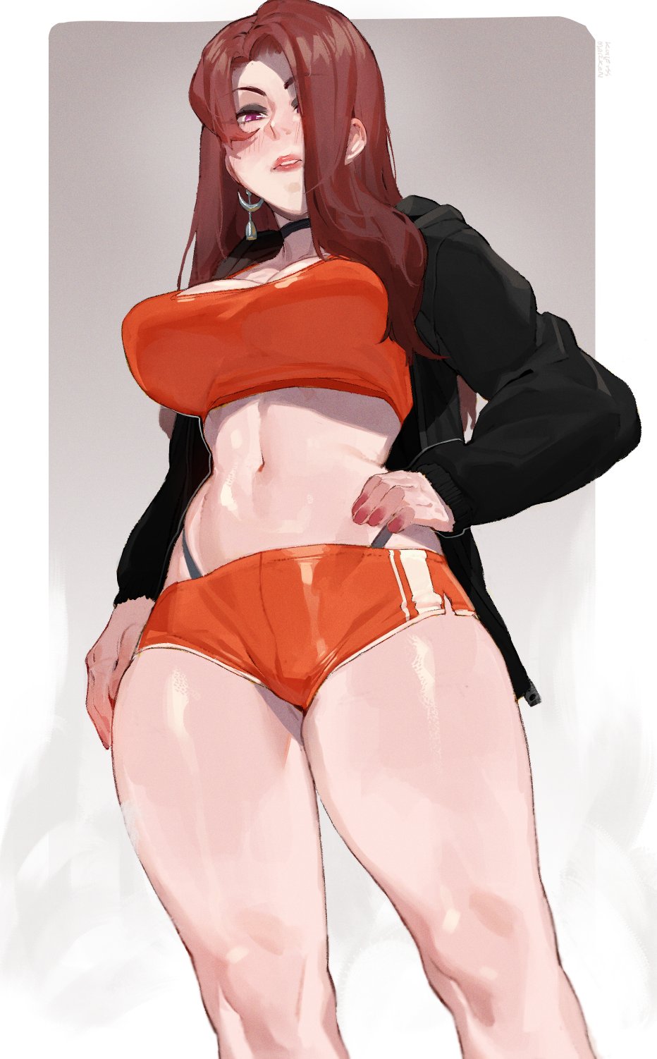 kollerss, dae moon (nyantcha), original, highres, black choker, black jacket, black panties, borrowed character, breasts, brown hair, choker, crescent, crescent earrings, earrings, from below, highleg, highleg panties, jacket, jewelry, long hair, looking down, micro shorts, orange shorts, orange sports bra, panties, shorts, sports bra, thighs, underwear
