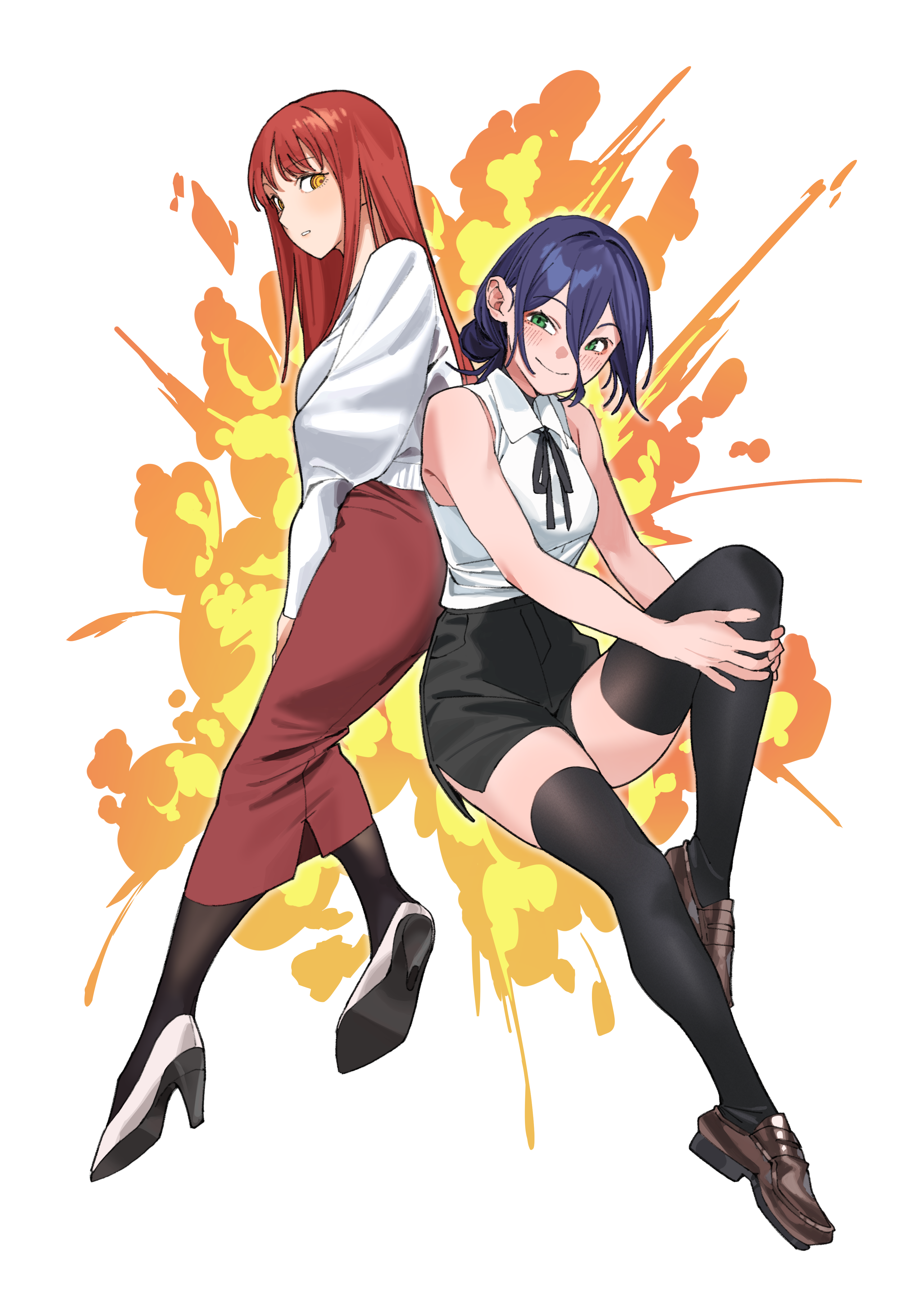 lewdrawings, makima (chainsaw man), reze (chainsaw man), chainsaw man, absurdres, highres, 2girls, back-to-back, bare arms, bare shoulders, black pantyhose, black ribbon, black shorts, black thighhighs, blue hair, breasts, brown shoes, collared shirt, dark skin, explosion, explosion background, green eyes, hair between eyes, hair bun, high heels, hugging own legs, light blush, loafers, long hair, long skirt, medium breasts, multiple girls, neck ribbon, orange eyes, pantyhose, parted lips, red hair, ribbon, ringed eyes, shirt, shoes, shorts, skirt, sleeveless, sleeveless shirt, smile, sweater, thighhighs, white shirt, white shoes, white sweater