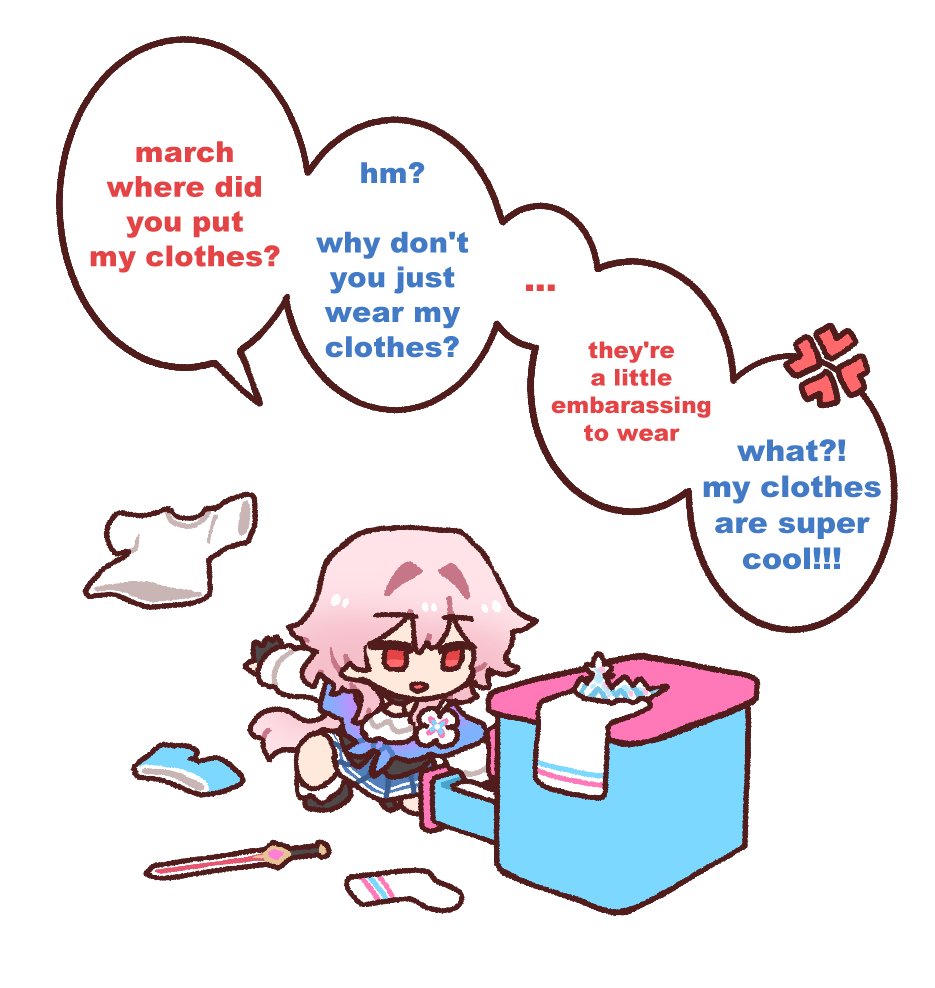 dorkdragoon, evernight (honkai: star rail), march 7th (honkai: star rail), march 7th (preservation) (honkai: star rail), honkai: star rail, honkai (series), …, 1girl, anger vein, blue skirt, english text, long hair, pink hair, red eyes, self cosplay, shirt, simple background, skirt, socks, solo, sword, unworn shirt, unworn socks, weapon, white background, white shirt
