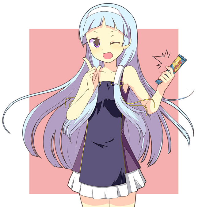 nekoya (nekoyadia), nagi, kannagi, 00s, 1girl, blue hair, blunt bangs, female focus, hair tubes, hairband, long hair, one eye closed, pleated skirt, purple eyes, skirt, solo, white skirt, wink