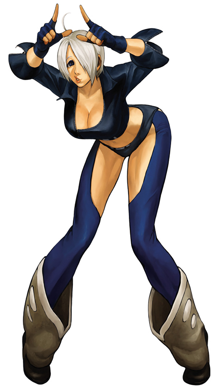 nona, angel (kof), snk, the king of fighters, the king of fighters 2001, highres, official art, 1girl, ahoge, bent over, breasts, chaps, cleavage, female focus, fingerless gloves, gloves, midriff, short hair, solo, white hair