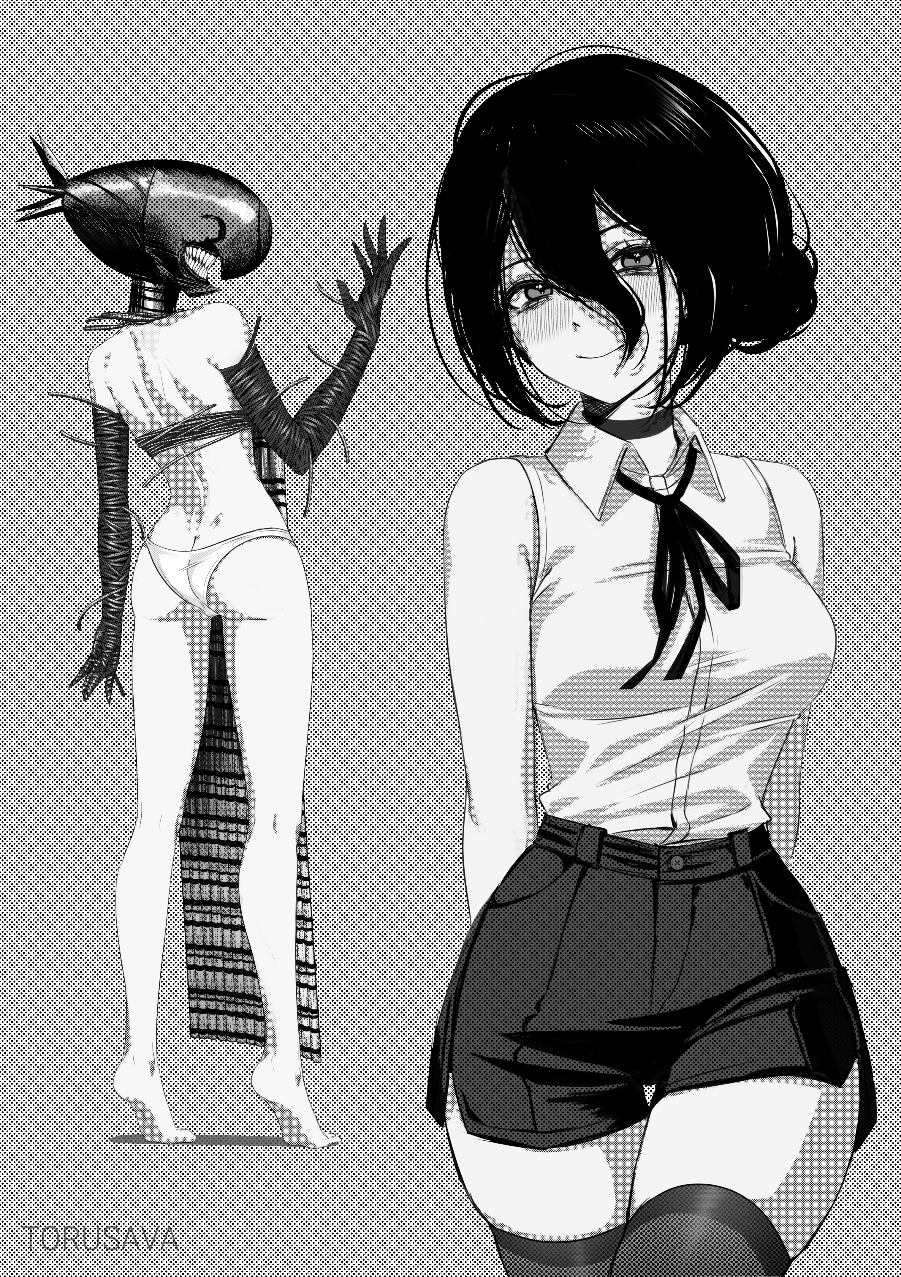torusava, bomb devil (chainsaw man), reze (chainsaw man), chainsaw man, absurdres, highres, 1girl, apron, ass, breasts, choker, closed mouth, collared shirt, dynamite, elbow gloves, explosive, gloves, hair between eyes, hair bun, medium breasts, neck ribbon, object head, panties, ribbon, shirt, shirt tucked in, short shorts, shorts, sleeveless, sleeveless shirt, smile, thighhighs, tiptoes, underwear