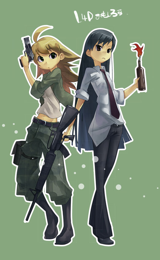 maitake (loose), bill (left4dead), hoshii miki, kisaragi chihaya, louis (left4dead), idolmaster, idolmaster (classic), idolmaster 1, left 4 dead, left 4 dead 1, 2girls, ahoge, baggy pants, bill (left4dead) (cosplay), black hair, blonde hair, boots, bottle, cosplay, green eyes, gun, jacket, long hair, louis (left4dead) (cosplay), midriff, multiple girls, necktie, pants, purple hair, rifle, sleeves rolled up, weapon