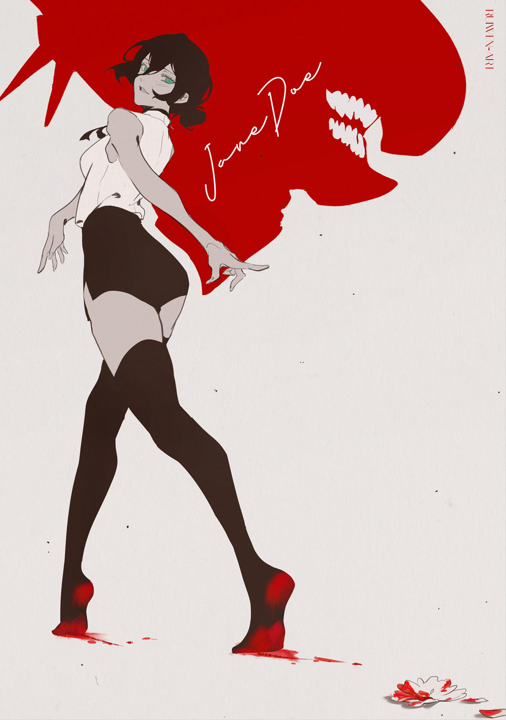 ruiwen, bomb devil (chainsaw man), reze (chainsaw man), chainsaw man, highres, 1girl, black hair, black ribbon, black shorts, black thighhighs, blood, flower, green eyes, hair bun, looking at viewer, ribbon, shirt, short shorts, shorts, sleeveless, sleeveless shirt, solo, thighhighs, white flower, white shirt