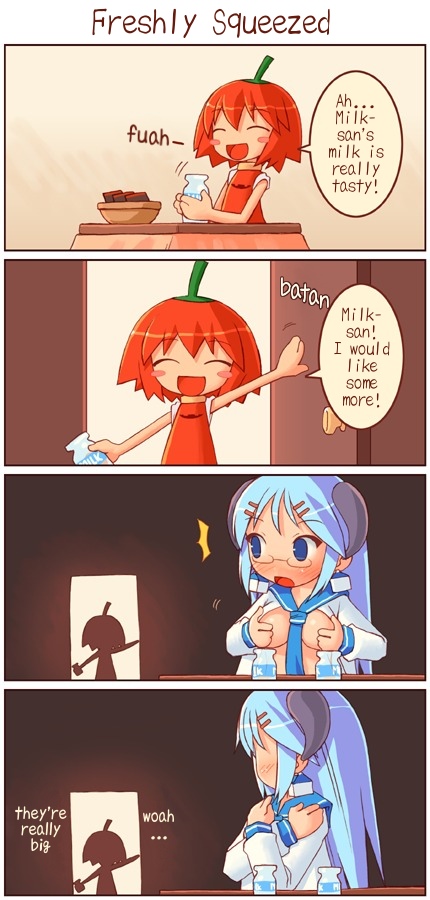 shigatake, milk-san, habanero-tan, hard-translated, third-party edit, translated, 2girls, 4koma, :d, blush stickers, breasts, chibi, chili pepper, comic, habanero pepper, horns, lactation, long hair, multiple girls, open clothes, open mouth, open shirt, shirt, short hair, smile
