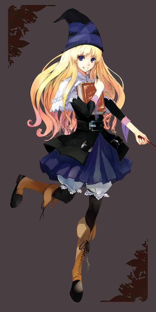 miz, lillet blan, grimgrimoire, nippon ichi, bad id, bad pixiv id, 1girl, belt, blonde hair, bloomers, blue eyes, book, boots, dress, female focus, hat, long hair, pantyhose, poncho, skirt, smile, solo, underwear, wand, witch, witch hat, wizard hat