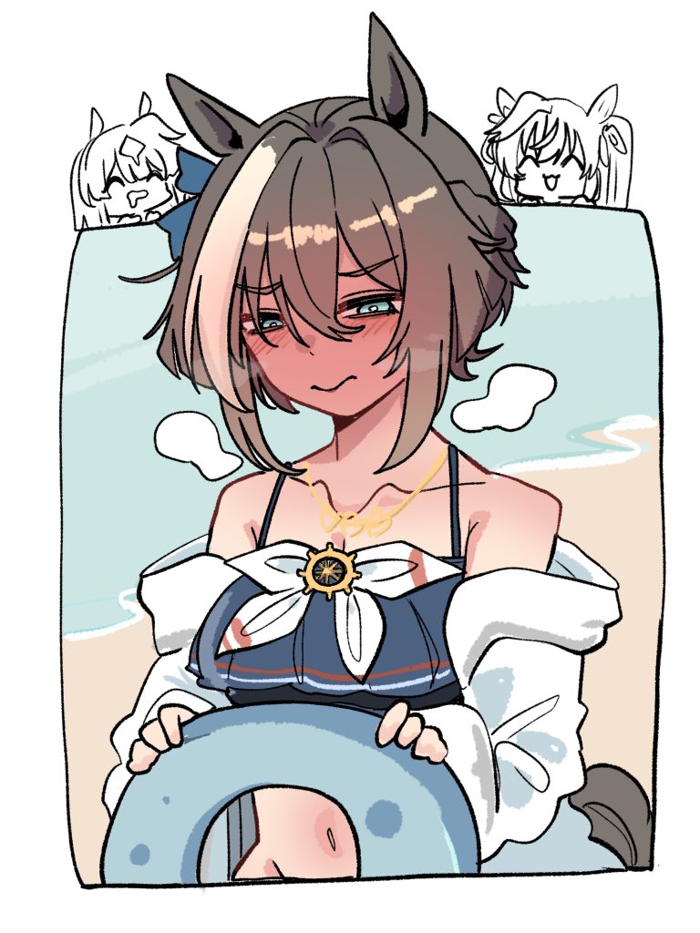 kawamochi (kawauti919), cheval grand (summer calm navy drop) (umamusume), cheval grand (umamusume), verxina (umamusume), vivlos (umamusume), umamusume, commentary request, 3girls, :d, ^ ^, animal ears, bikini, bikini under clothes, blue bikini, blue eyes, blush, braid, breasts, brown hair, chibi, chibi inset, cleavage, closed eyes, closed mouth, collarbone, drooling, groin, hair between eyes, hair ribbon, holding, holding swim ring, horse ears, horse girl, horse tail, innertube, jacket, medium breasts, mouth drool, multicolored hair, multiple girls, navel, nose blush, off shoulder, open clothes, open jacket, open mouth, ribbon, ship's wheel, smile, solo focus, streaked hair, swim ring, swimsuit, tail, twintails, water, white background, white hair, white jacket