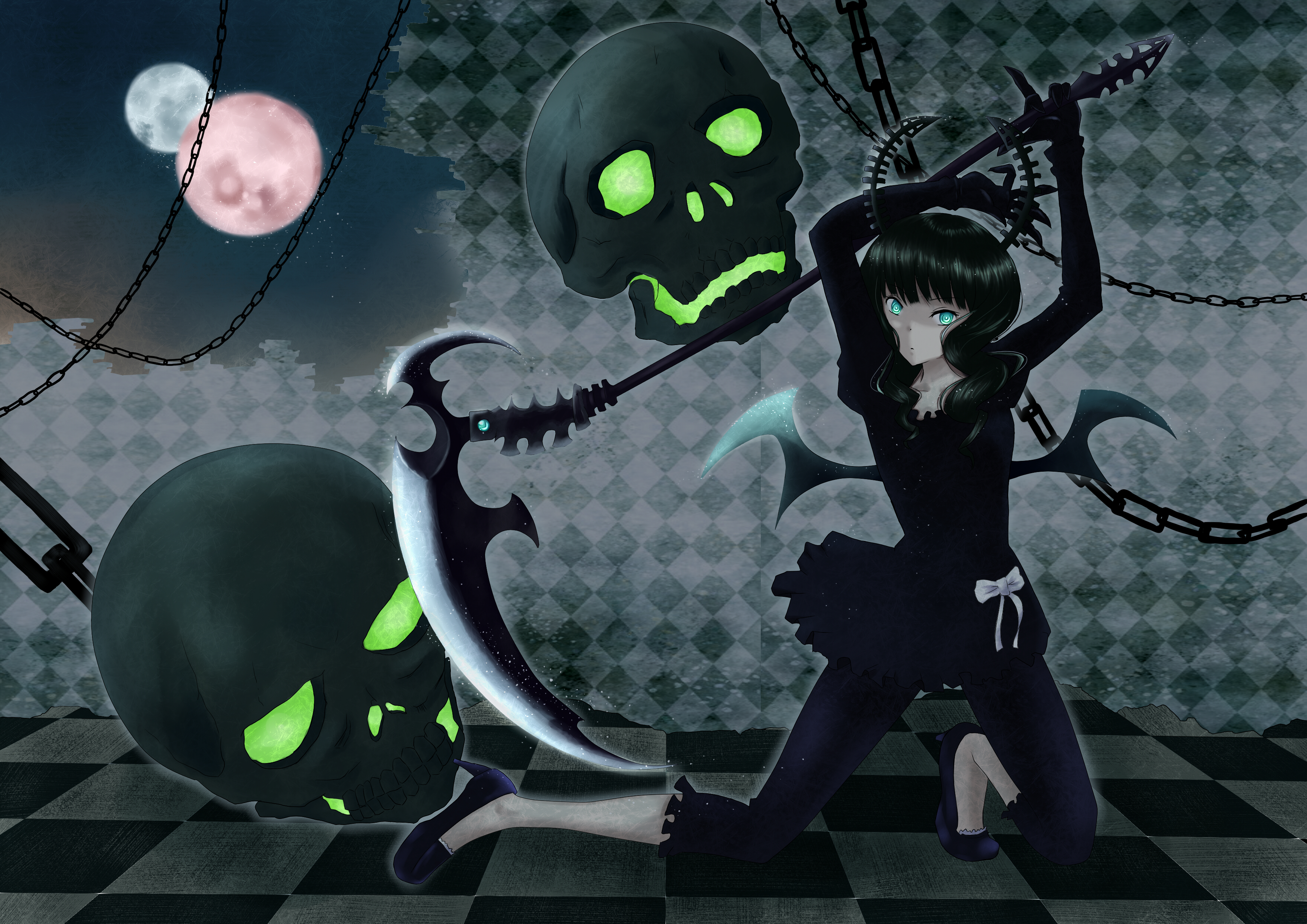 hiba (p-p-purin), dead master, black rock shooter, absurdres, highres, 1girl, black dress, black hair, black horns, black leggings, chain, checkered floor, dress, floating skull, green eyes, high heels, horns, leggings, scythe, skeletal hand, skull
