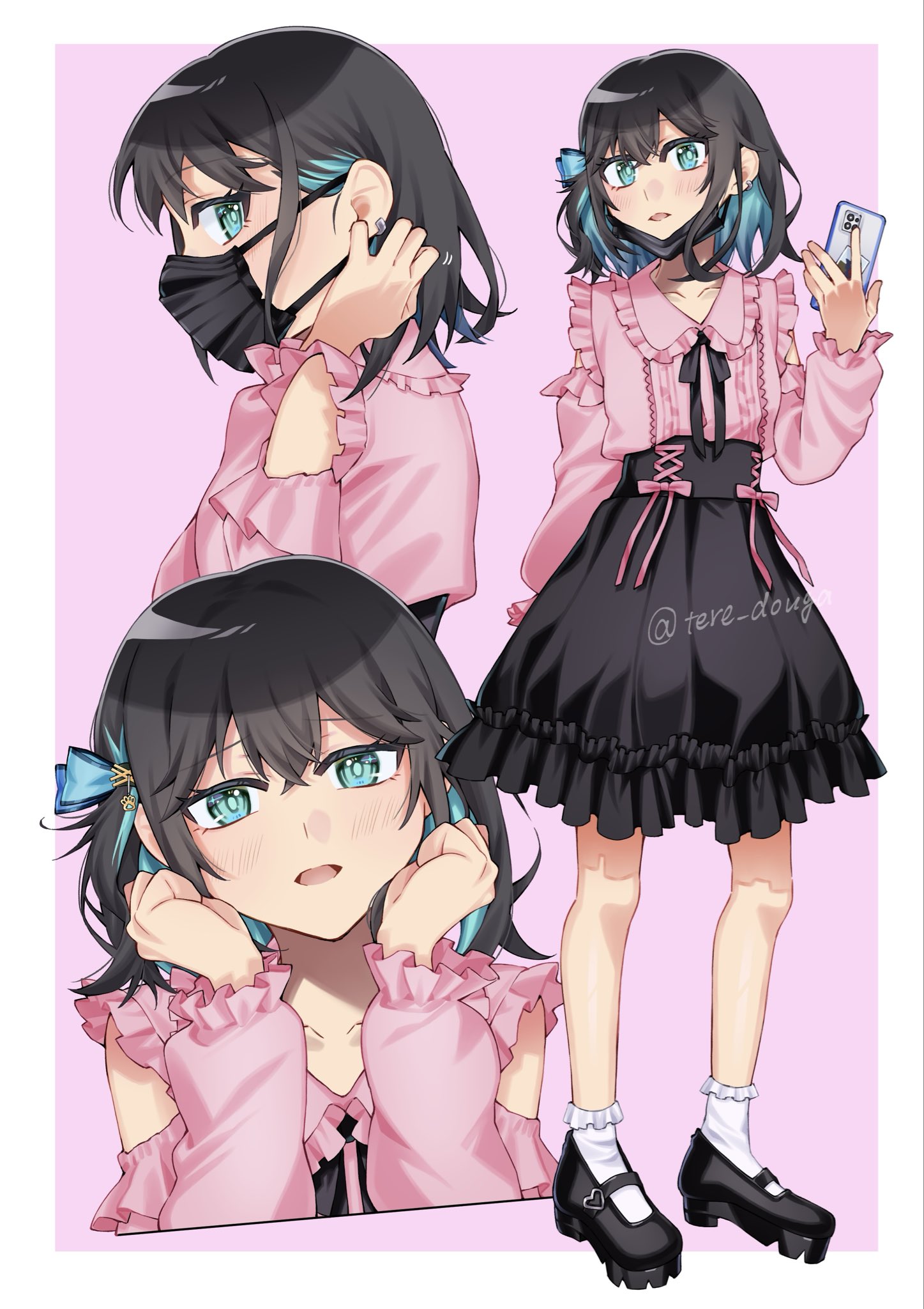 tere douga, miyamai moca, voicepeak, commentary, highres, 1girl, alternate costume, aqua eyes, black hair, black shoes, black skirt, colored inner hair, frilled shirt, frilled skirt, frilled socks, frills, high-waist skirt, holding, holding phone, long sleeves, looking at viewer, mask, medium hair, mouth mask, multicolored hair, multiple views, neck ribbon, phone, pink shirt, ribbon, shirt, shoes, skirt, socks, white socks