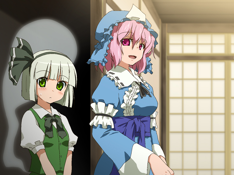 mizuki riko, konpaku youmu, konpaku youmu (ghost), saigyouji yuyuko, touhou, bad id, bad pixiv id, 2girls, blush, female focus, frills, green eyes, grey hair, hat, japanese clothes, kimono, multiple girls, pink eyes, pink hair, ribbon