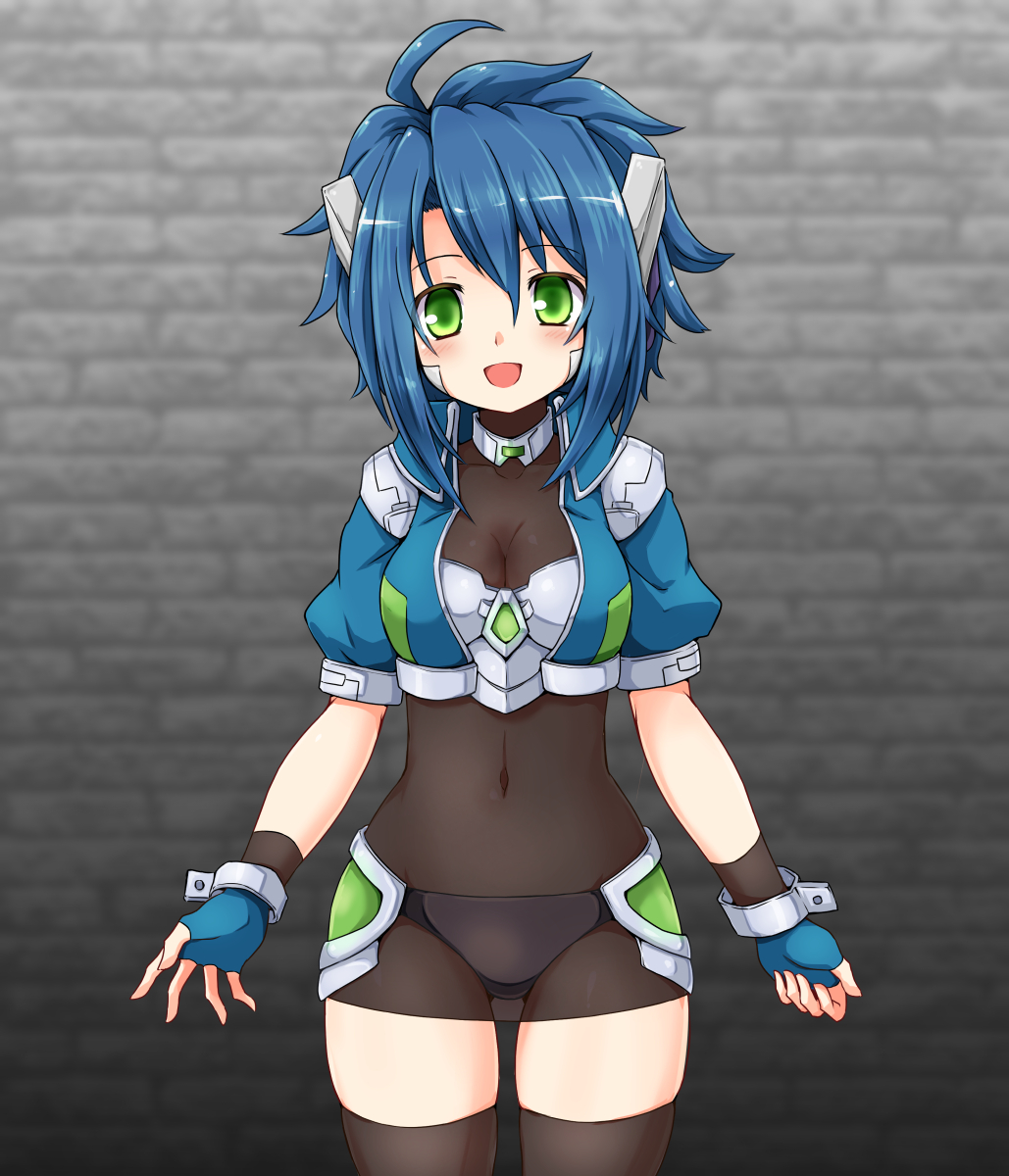 huyusilver, emil chronicle online, highres, 1girl, ahoge, android, armor, black panties, black thighhighs, blue gloves, blue hair, blue jacket, bodysuit, breastplate, breasts, cleavage, collar, covered navel, fingerless gloves, gloves, green eyes, jacket, lili (eco), looking at viewer, medium breasts, metal collar, metal wrist cuffs, open mouth, panties, panties under pantyhose, pantyhose, robot ears, solo, spiked hair, thighhighs, thighs, underwear