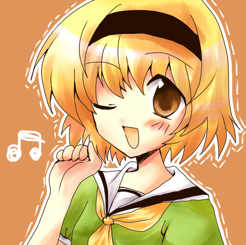 mochizuki (riyo), houjou satoko, higurashi no naku koro ni, bad id, bad pixiv id, lowres, 00s, blonde hair, brown eyes, musical note, one eye closed, solo, wink