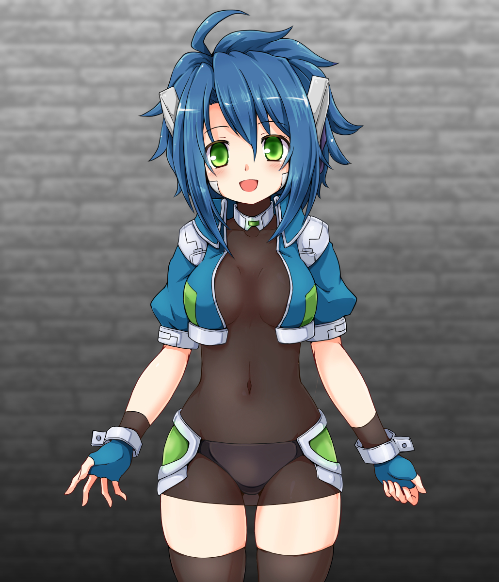 huyusilver, emil chronicle online, highres, 1girl, ahoge, android, black panties, black thighhighs, blue gloves, blue hair, blue jacket, bodysuit, breasts, collar, covered navel, fingerless gloves, gloves, green eyes, jacket, lili (eco), looking at viewer, medium breasts, metal collar, metal wrist cuffs, no bra, open mouth, panties, panties under pantyhose, pantyhose, robot ears, solo, spiked hair, thighhighs, thighs, underwear