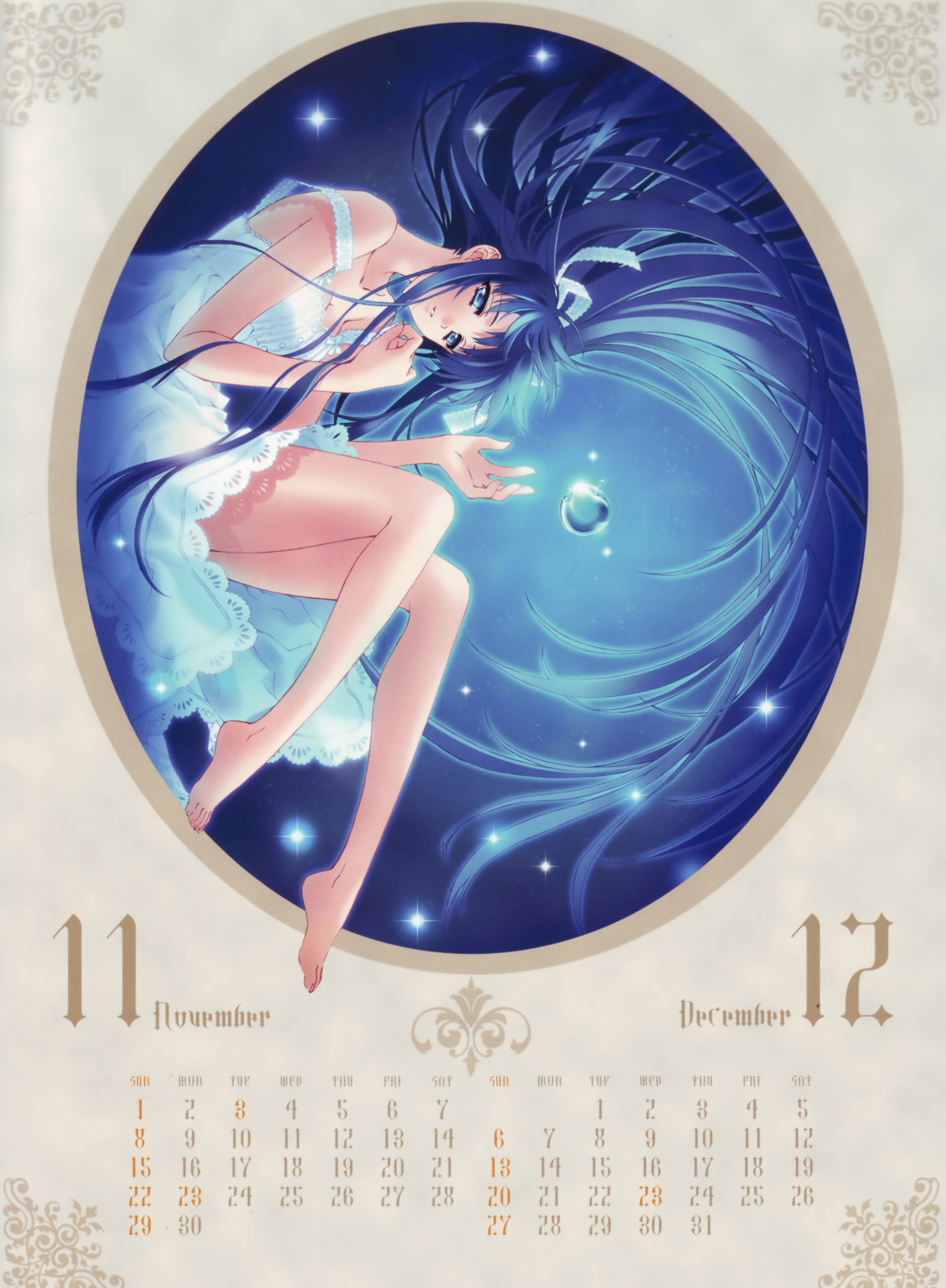 carnelian, absurdres, highres, scan, 00s, 1girl, 2009, apple, barefoot, blue eyes, blue hair, bow, calendar, december, dress, feet, female focus, food, fruit, hair bow, long hair, matching hair/eyes, november, solo, star (symbol), very long hair