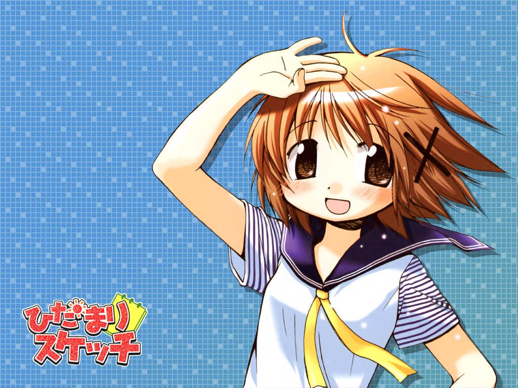 aoki ume, yuno (hidamari sketch), hidamari sketch, 00s, blush, brown eyes, brown hair, school uniform, serafuku, short hair, smile, solo, wind