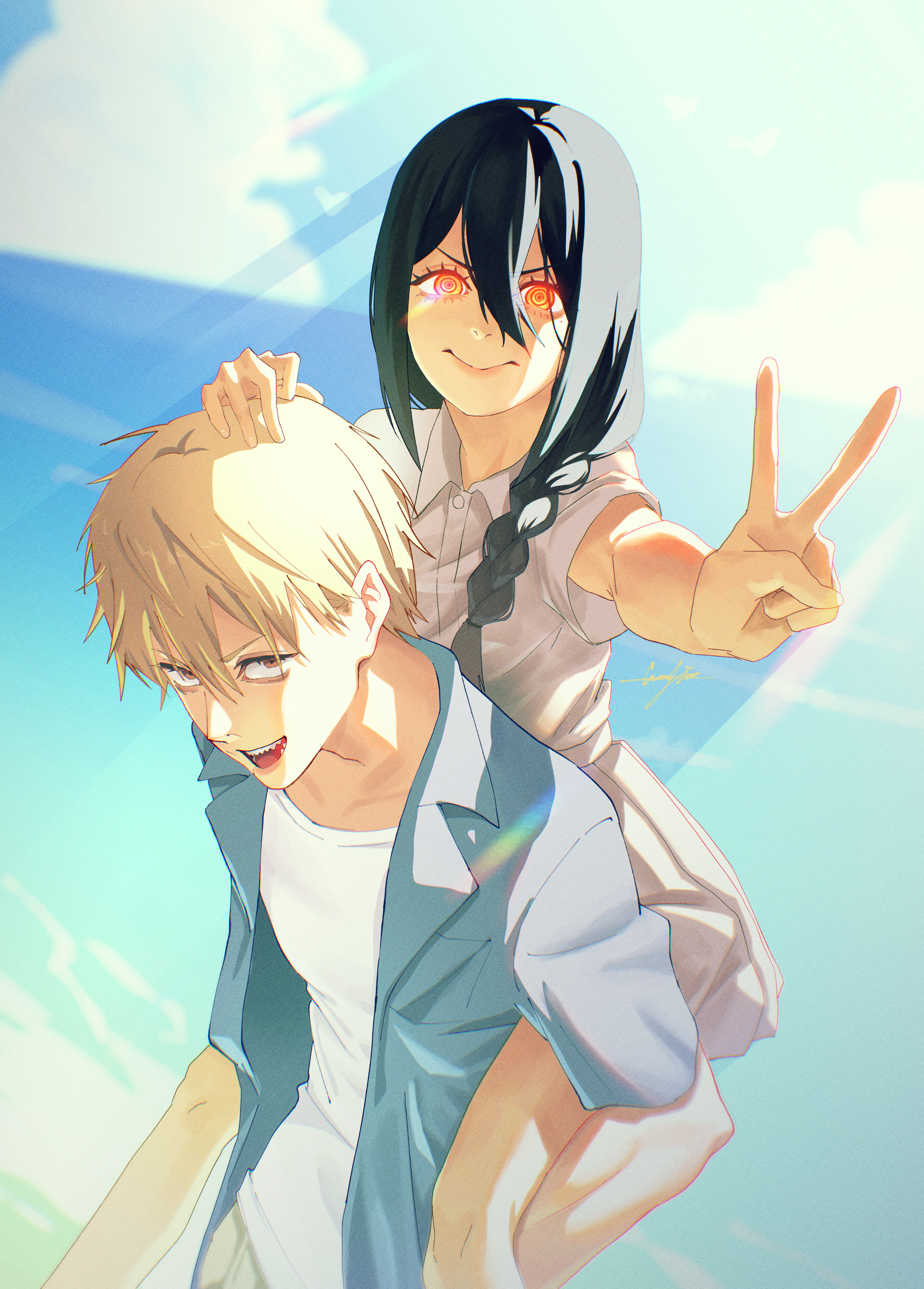 kiwi (uwee8553), denji (chainsaw man), nayuta (chainsaw man), chainsaw man, absurdres, highres, 1boy, 1girl, black hair, blonde hair, blue shirt, braid, brown eyes, carrying, closed mouth, day, dress, grey dress, hair between eyes, ocean, outstretched arm, piggyback, ringed eyes, sharp teeth, shirt, short hair, sky, smile, teeth, v, white shirt, yellow eyes