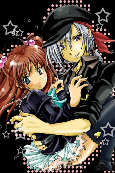 akatsuki hijiri, amakusa juuza, ushiromiya ange, umineko no naku koro ni, silver hair, 00s, 1boy, 1girl, blue eyes, hair bobbles, hair ornament, hat, hetero, hug, purple eyes, red hair, star (symbol), thighhighs